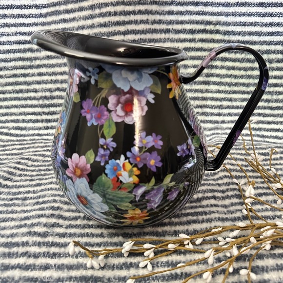 Mackenzie‎ Childs Black Flower Market Enameled Pitcher 8.5" Tall NEW - Picture 1 of 6